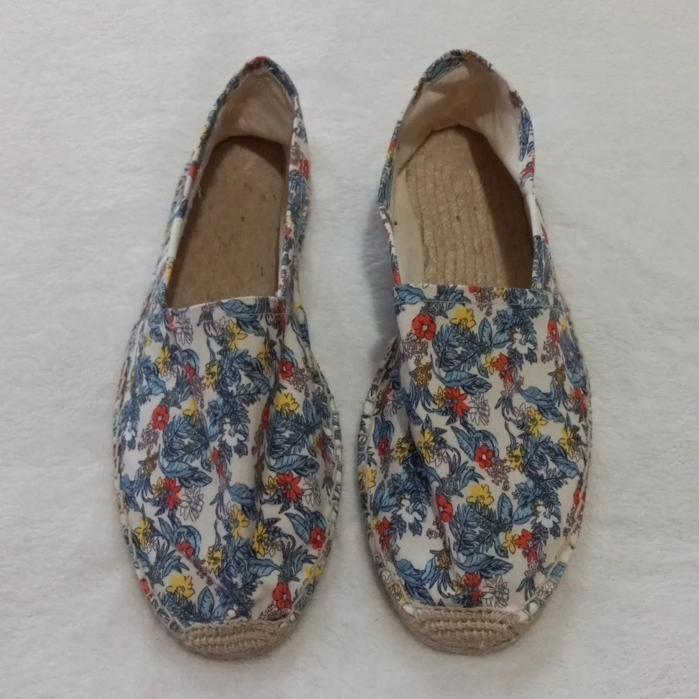 Soludos Floral Espadrille Flats Size 10.5 Canvas Jute Slip On Shoes